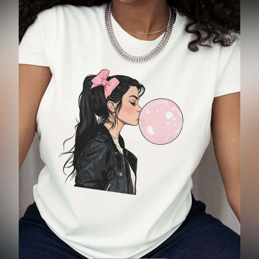 Graphic White Tee with Pink Accents